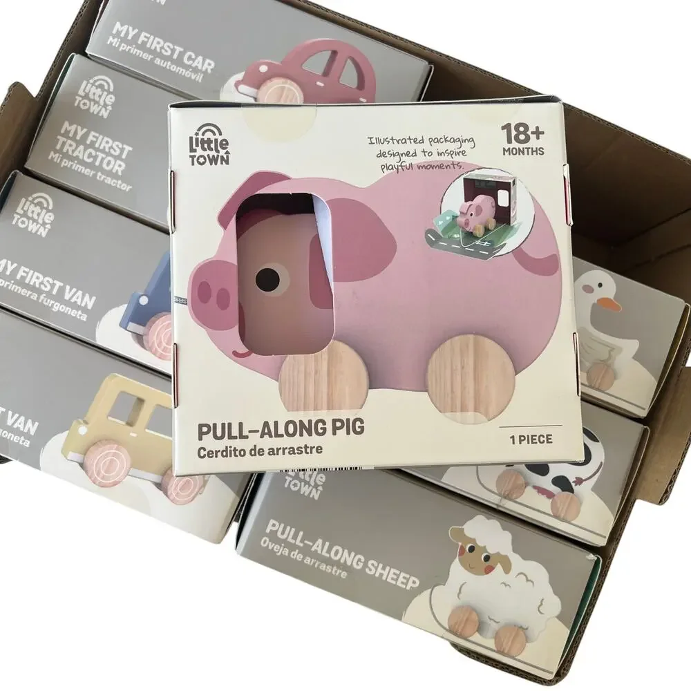 Little Town Wooden Baby Toy Lot 8 NIB Pull-Along Animals & Cars Aldi Montessori
